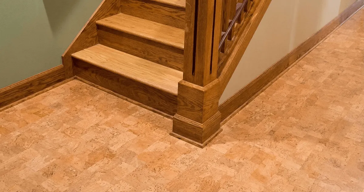 End of a staircase with cork flooring in Rockford, IL