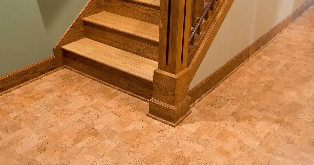 End of a staircase with cork flooring in Rockford, IL