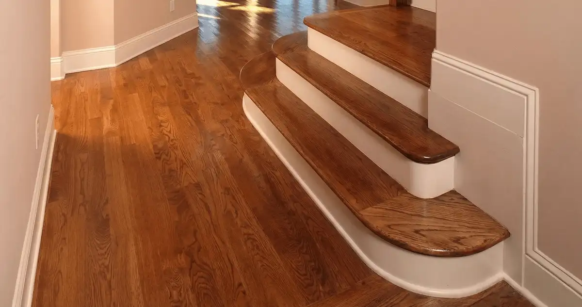 Base floor of a staircase with professionally restored wood flooring in Rockford IL