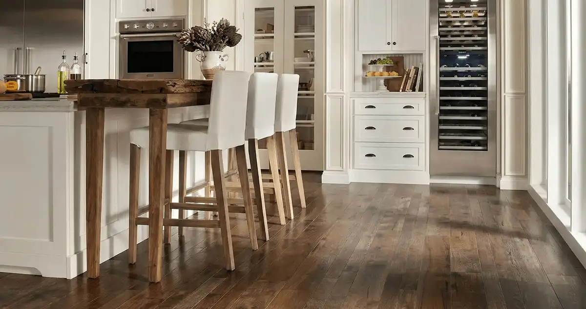 Professionally installed and refinished hardwood flooring in a residential home, showcasing smooth finish and natural wood tones in Rockford, IL